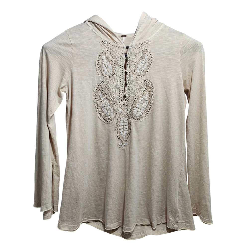 Free People Embroidered Hoodie‎ Womens Small Cream Boho Slub Knit Top Split Cuff